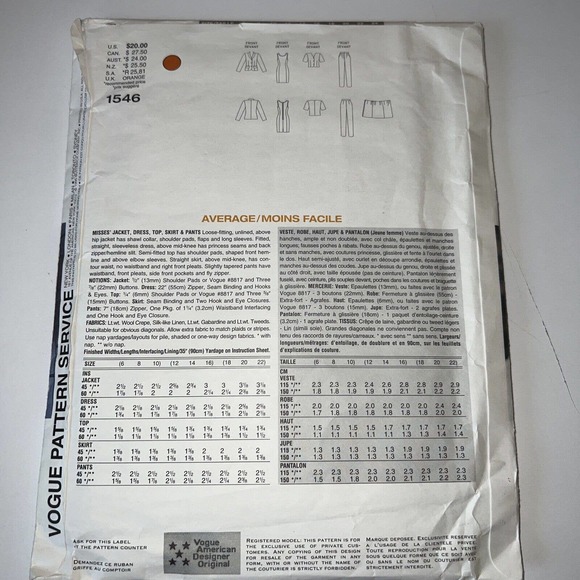 Vogue #1546 Tamotsu Wardrobe Pattern-sizes 12-14-16 Ms. Jacket,Dress,Top,Skirt+ - Picture 4 of 8